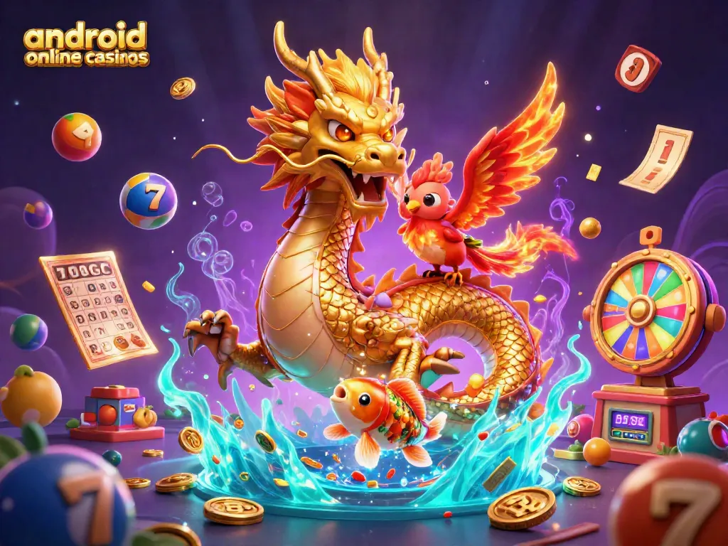 Experience thrilling action at android online casinos with a dragon, phoenix, and koi fish amidst slot game visuals.