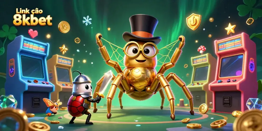 Engage with Link vào 8kbet through a thrilling 3D casino scene featuring a spider, knight, and animated game elements.