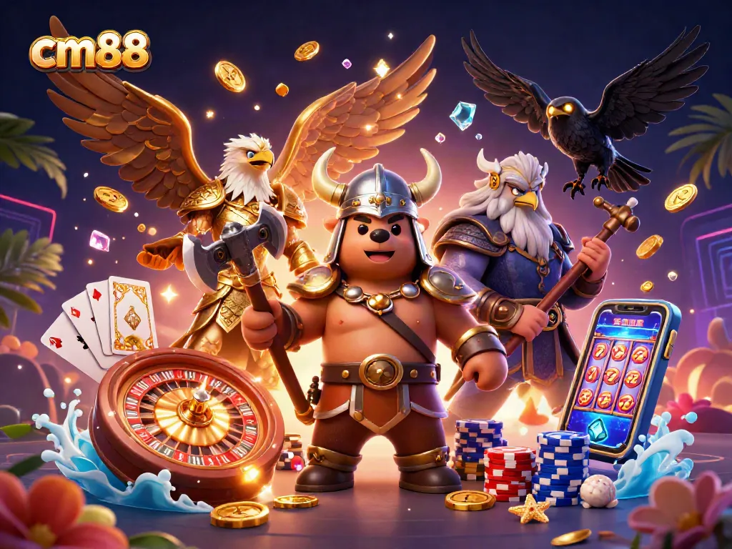 Experience the thrill of cm88 with vibrant 3D visuals of casino games, dynamic elements, and winning moments.