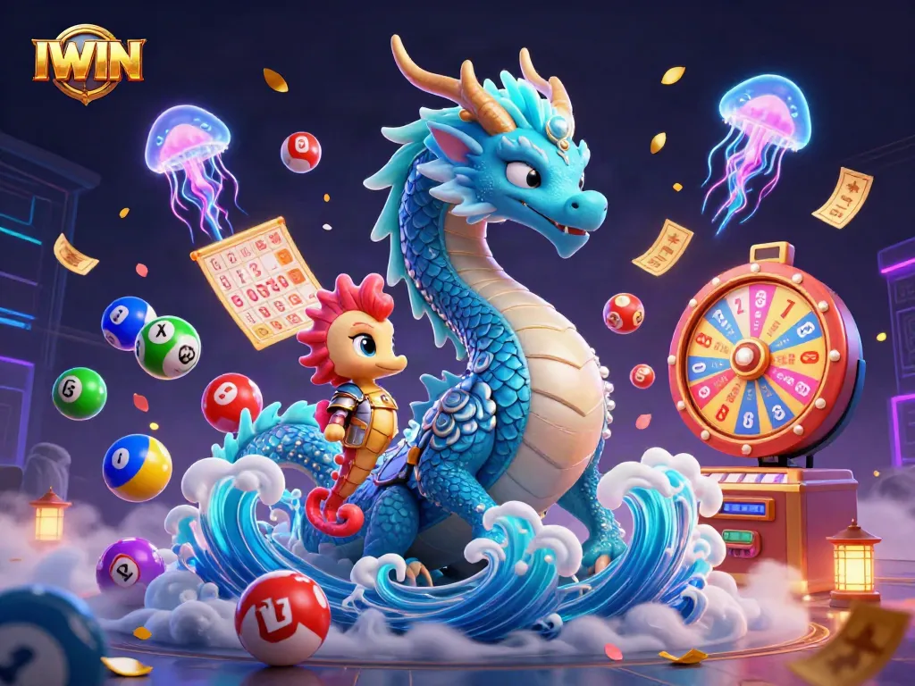 IWIN lottery excitement illustrated with a colorful dragon, knight, and dynamic gaming elements in vivid detail.