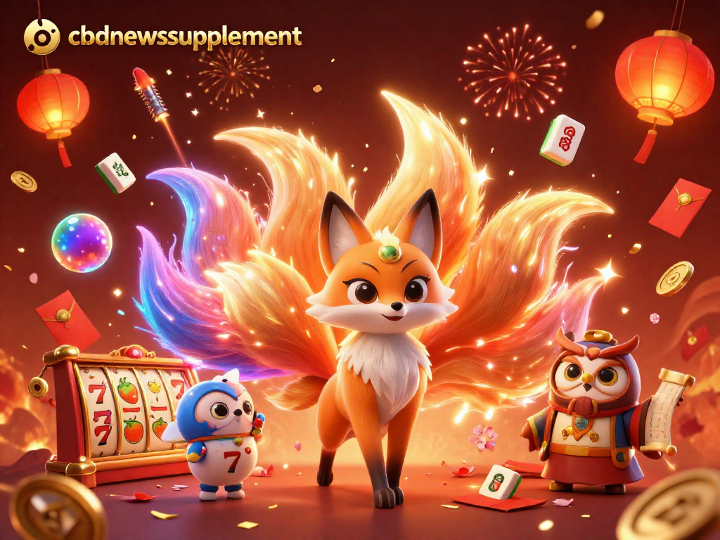 Engage with cbdnewssupplement's casino world, featuring a vibrant scene of a nine-tailed fox and a wise owl among slot elements.