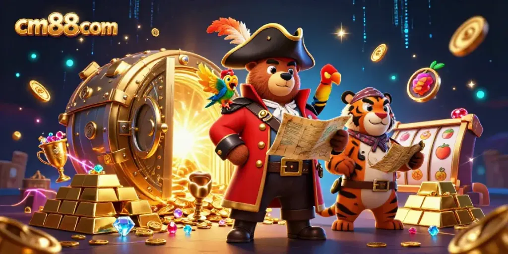 Experience gaming excitement with cm88com's vibrant casino adventure featuring animated characters.