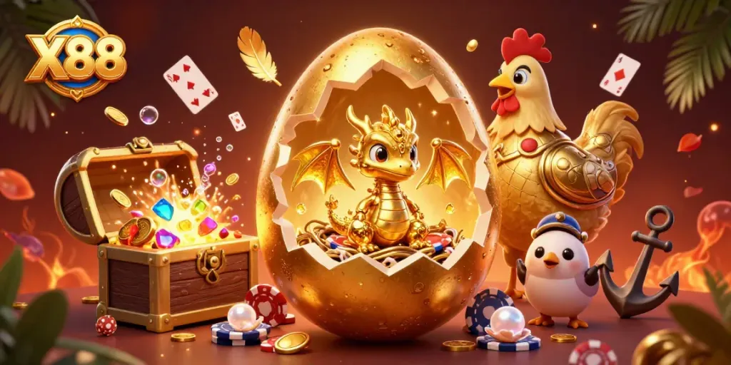 X88 showcases a spectacular golden dragon and poker chips amid a vibrant casino atmosphere.