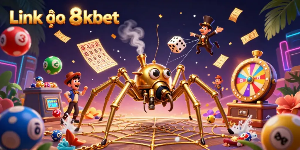 Win big with Link vào 8kbet in this vibrant, dynamic casino scene featuring a steampunk golden spider.