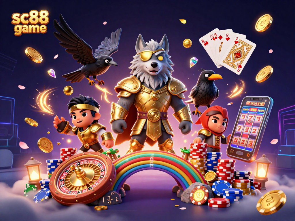 Engage with the sc88 game through a vibrant 3D illustration showcasing casino excitement and mythical elements.