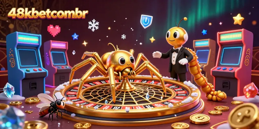 Engaging scene from 48xbetcombr casino with a playful spider and animated characters around a roulette wheel.