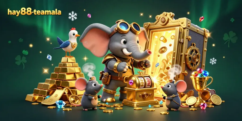 Spinning the golden jackpot at hay88-teamala with a steampunk elephant and slots bursting with jewels.