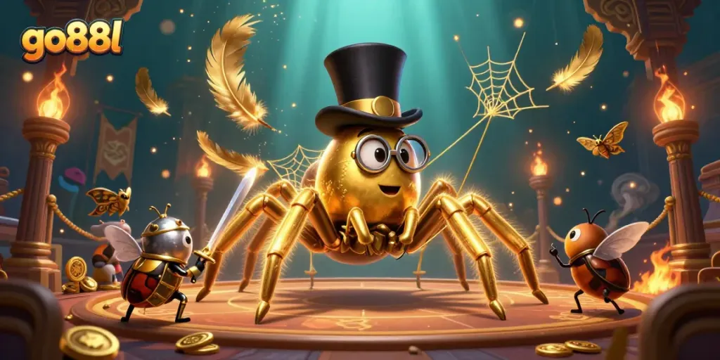 Engage with go88l for thrilling casino games, featuring a golden tarantula and beetle knight in action.
