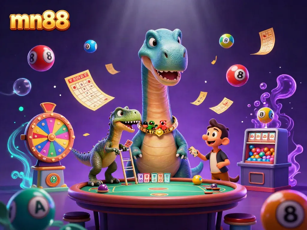 Experience thrilling games at mn88 with vibrant lottery elements and a whimsical dinosaur dealer.