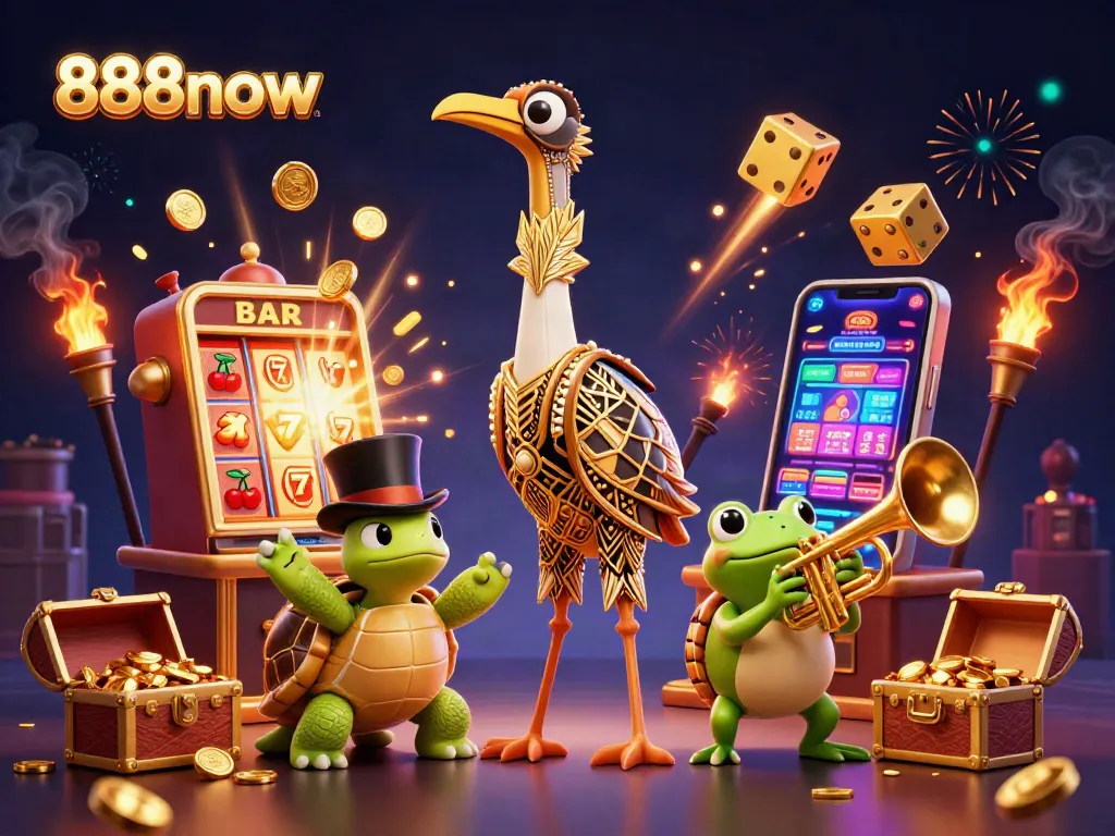 Immerse in 888now's thrilling online casino world with dynamic characters and vibrant gaming elements.
