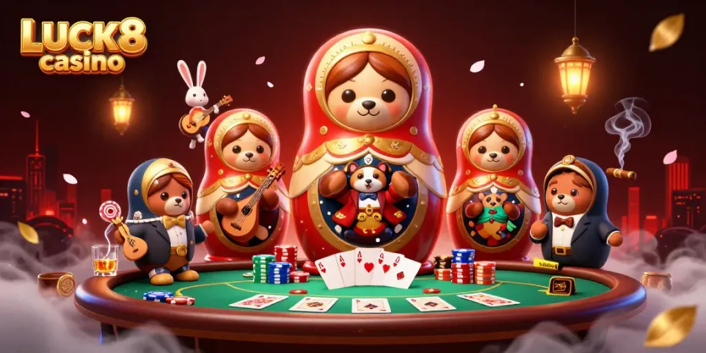 Win big at LUCK8 casino with engaging cartoon bears and festive casino elements.