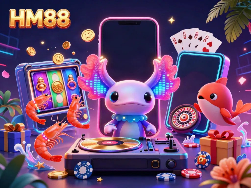 Engage in thrilling gameplay at HM88 with a vibrant illustration of neon casino elements.