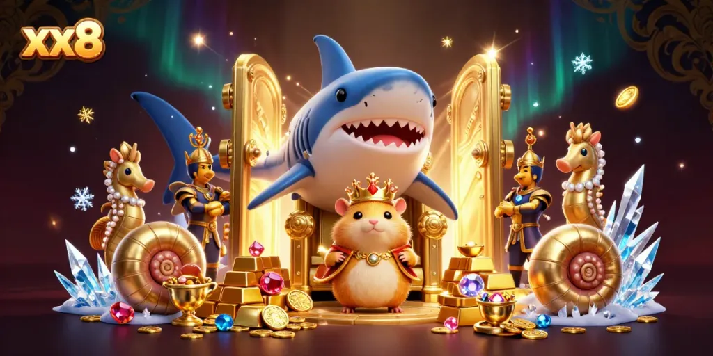 Win big with XX8 at a vibrant 3D casino featuring gem-filled treasure vaults and fun characters.