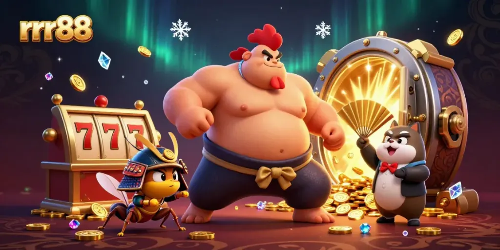 Bet and win big with rrr88 as a sumo rooster and samurai cricket dominate an engaging casino scene.