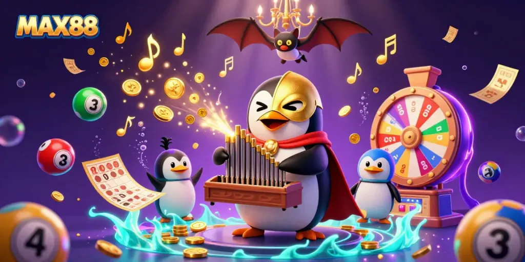 MAX88 brings excitement with a 3D cartoon penguin, golden coins, and dynamic bingo elements.