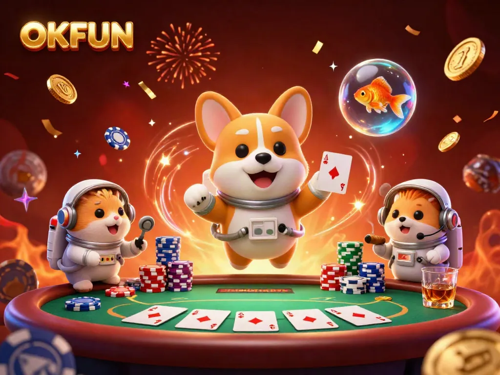 Experience the exciting world of OKFUN with a dynamic space casino scene featuring engaging characters and gaming elements.