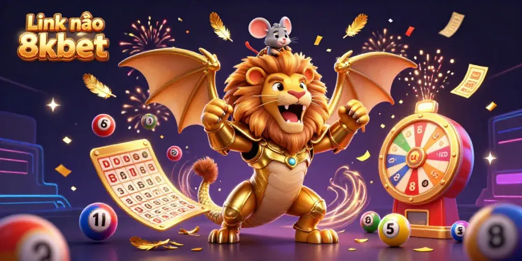 Engage with Link vào 8kbet's vibrant, action-packed casino illustration showcasing dynamic lottery games.