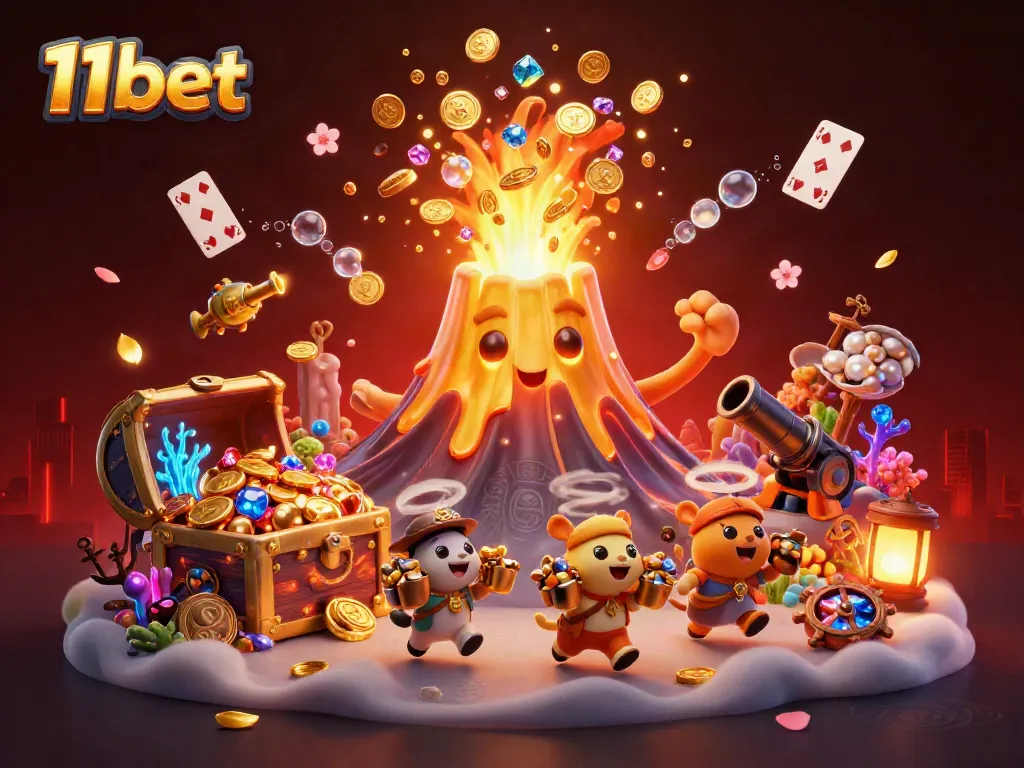 Experience the thrilling world of 11bet with this dazzling treasure eruption scene, featuring a golden volcano and escaping explorers.