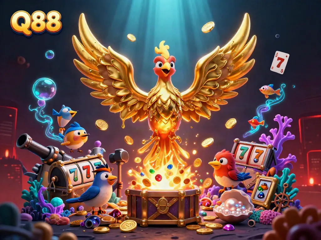 Experience thrilling gaming action with Q88 featuring a golden phoenix, slots, and treasure.