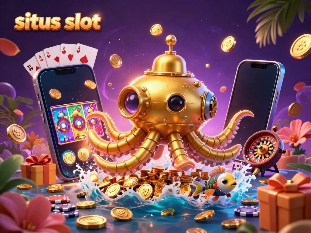 Engage with the magical world of situs slot featuring a golden kraken, colorful slot game, and vibrant casino theme.