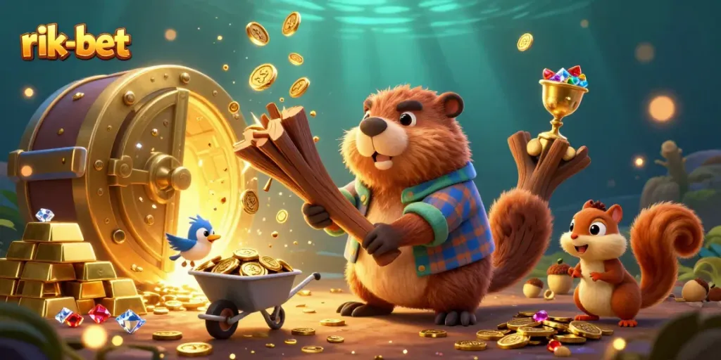 Experience the thrill of rik-bet with a vibrant 3D illustration of a beaver gathering golden coins in a lively casino scene.