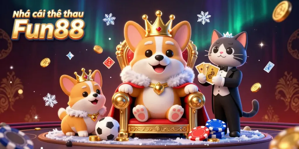 Engaging scene featuring Nhà cái thể thao Fun88 with a royal corgi on a poker chip throne, showcasing sports betting elements.