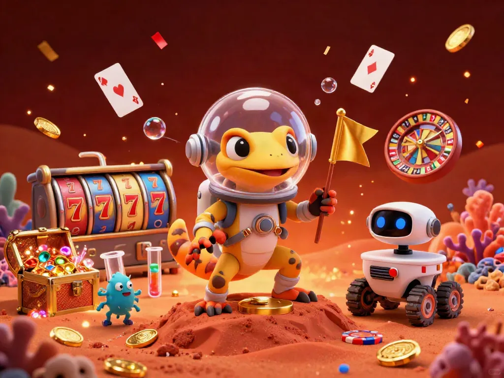 Experience the thrill of ev99 with a Martian gecko treasure hunt in a golden casino.