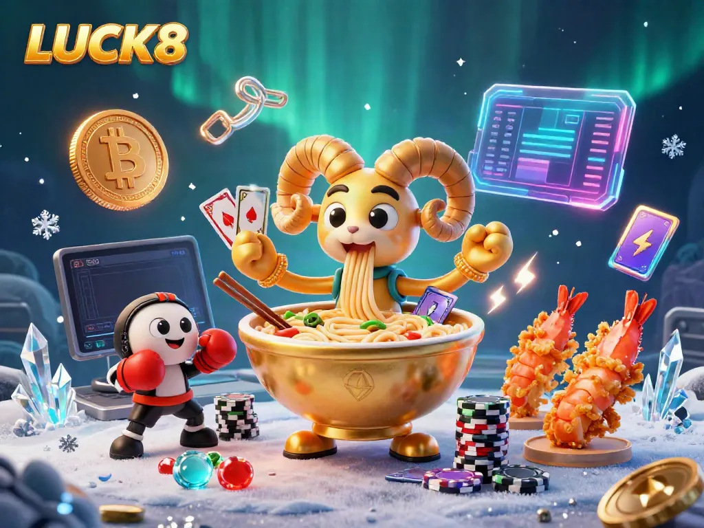 Experience thrilling gameplay with LUCK8's cartoon-style characters and crypto elements in this vibrant casino scene.