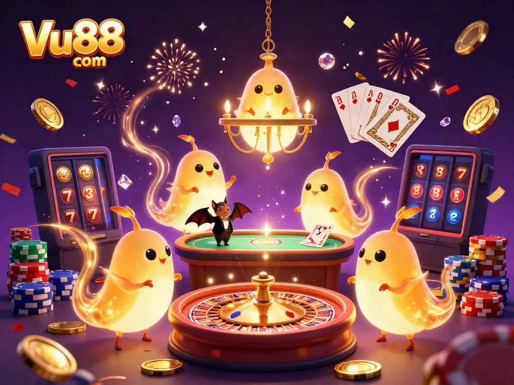 Experience thrilling moments at Vu88 com with a vibrant casino scene brought to life by glowing characters and dynamic game elements.