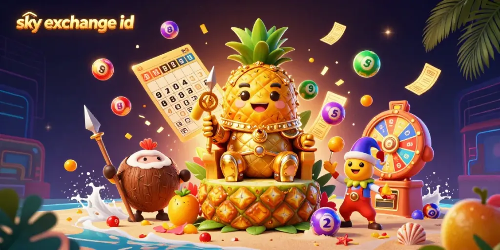 Engage with Sky Exchange ID by exploring a dynamic casino scene featuring a golden pineapple king surrounded by vibrant game elements.