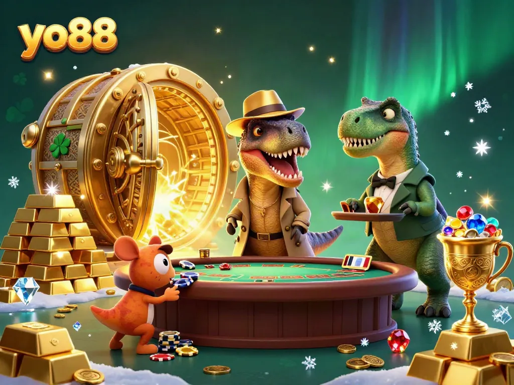 Experience excitement with yo88 as a cartoon velociraptor attempts to count cards at a blackjack table.