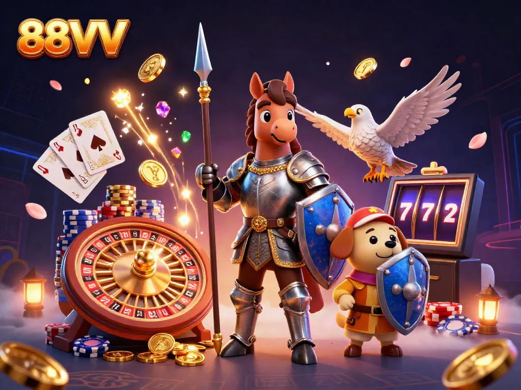 Win big with 88VV's immersive gaming experience featuring knights and treasures in a bustling casino scene.