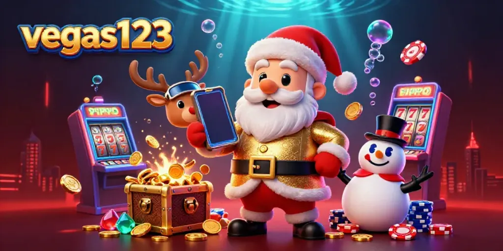 Menang di vegas123 dengan Santa Kartun meriah di kasino, dikelilingi peti harta karun dan simbol jackpot.