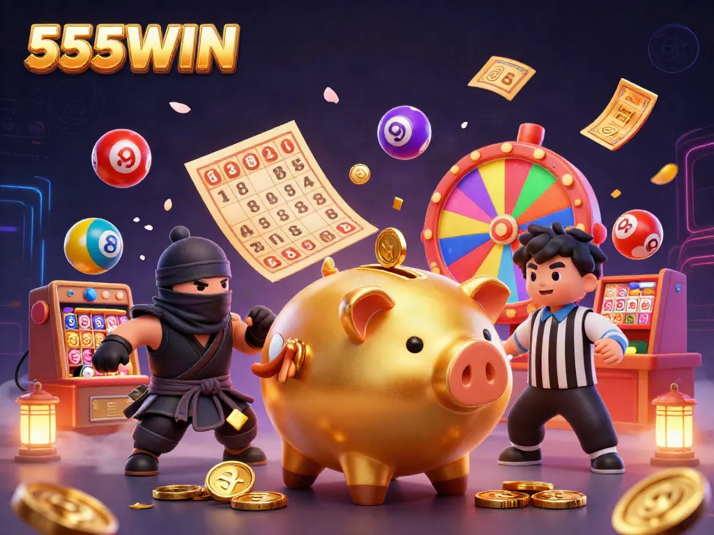 Experience the excitement of 555WIN with a dynamic 3D casino scene featuring characters and vibrant casino elements.
