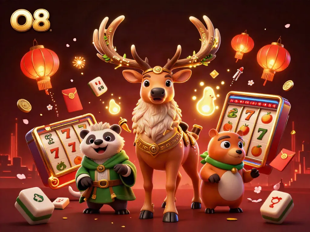 Experience the thrill of O8's online casino with cascading slot reels and vibrant casino elements.