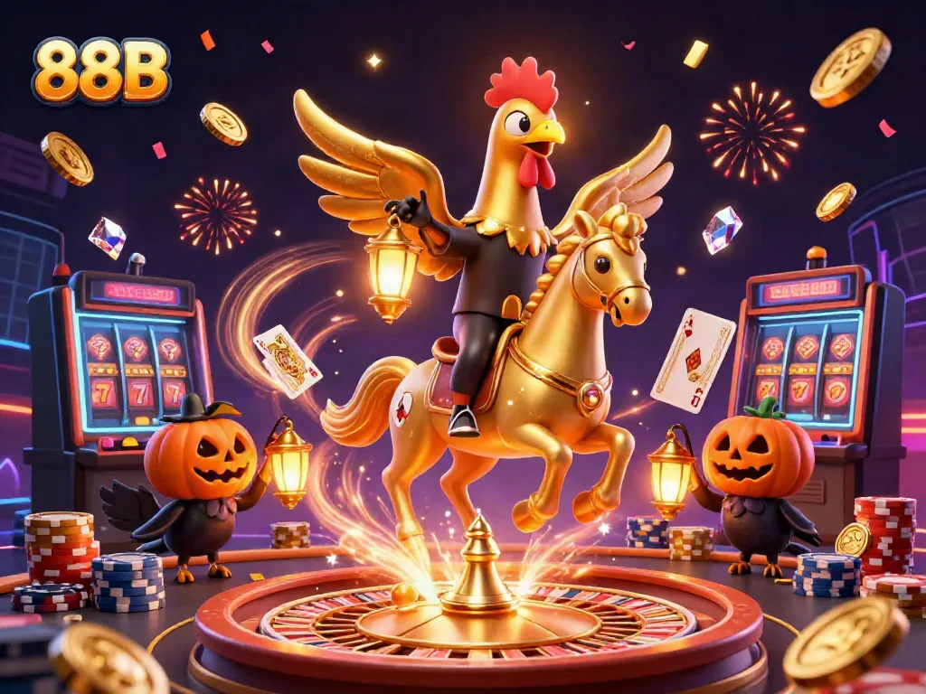 Experience the vibrant action of 88B with golden rooster characters amidst casino excitement.