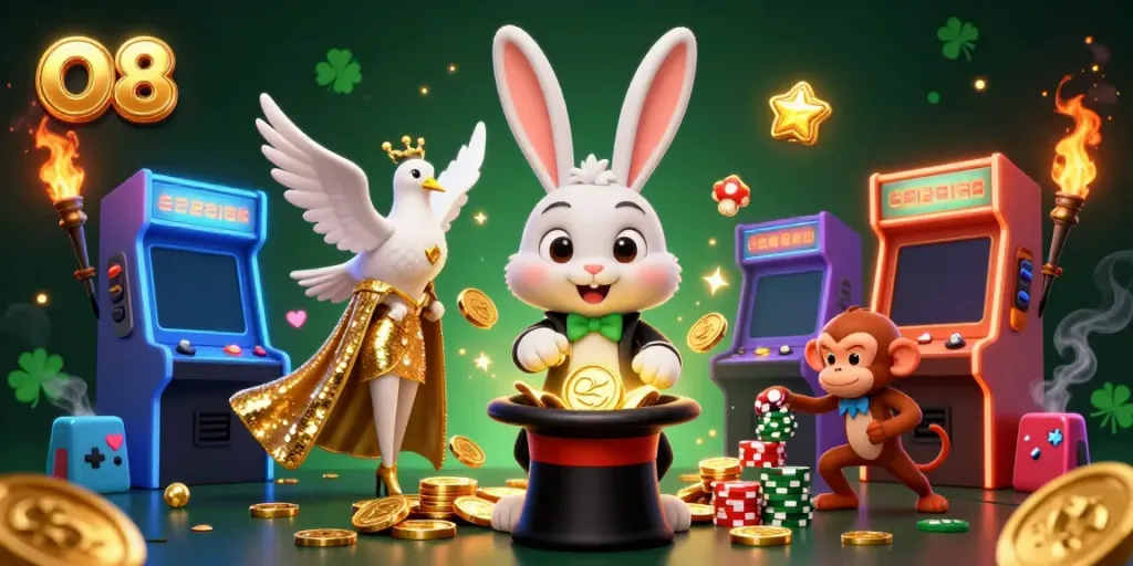 Catch exciting golden coins with O8's cartoon magician rabbit in a vibrant casino scene.