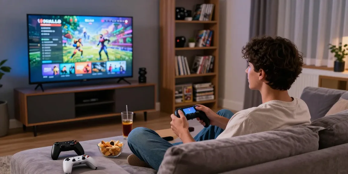 Young couple playing game porn together in a cozy living room.