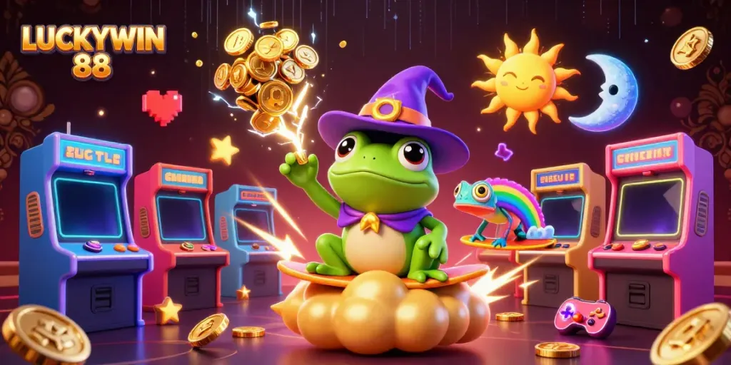 Engage in winning with LUCKYWIN 88's thrilling 3D casino illustration featuring a wizard frog and chameleon.