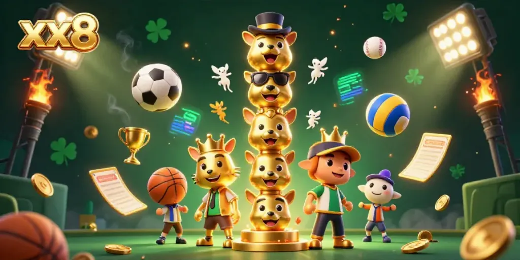 Experience excitement with xx8 casino as a golden totem pole surrounded by dynamic sports elements.