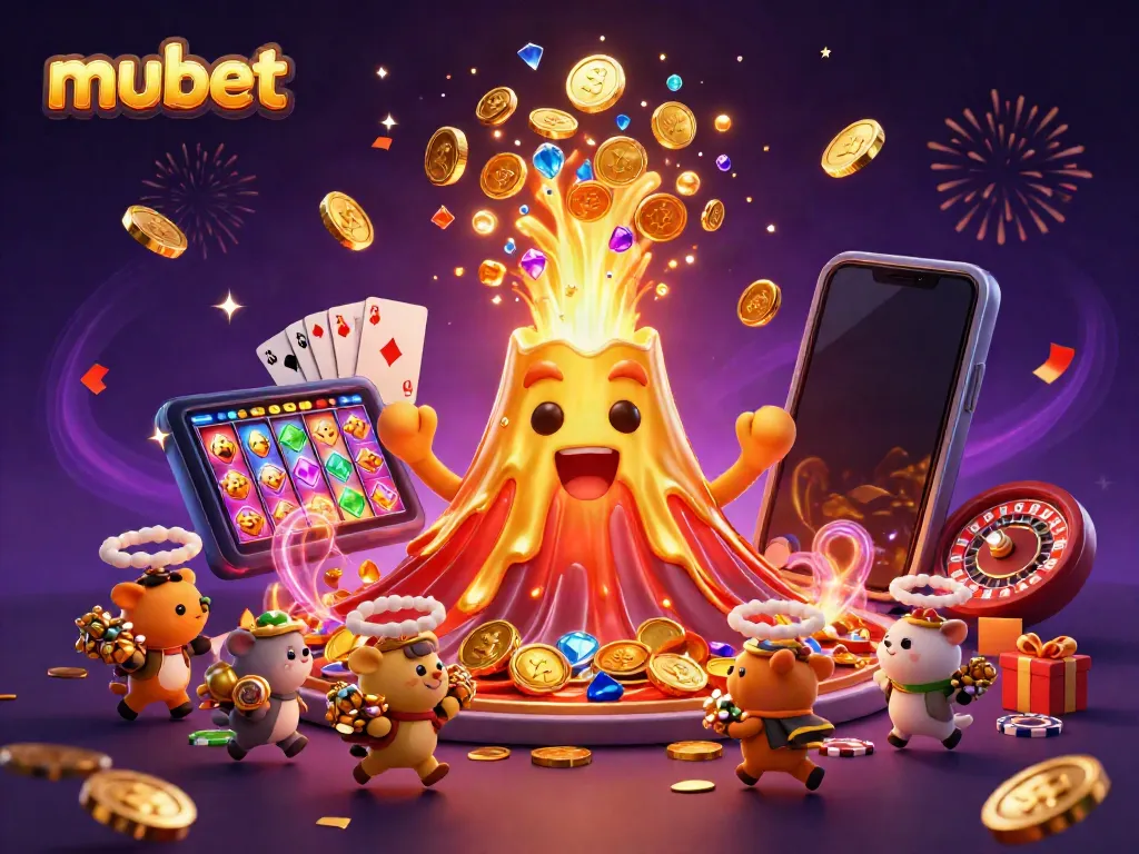 Experience thrilling gaming with mubet as golden treasure erupts from a lively volcano in this dynamic illustration.