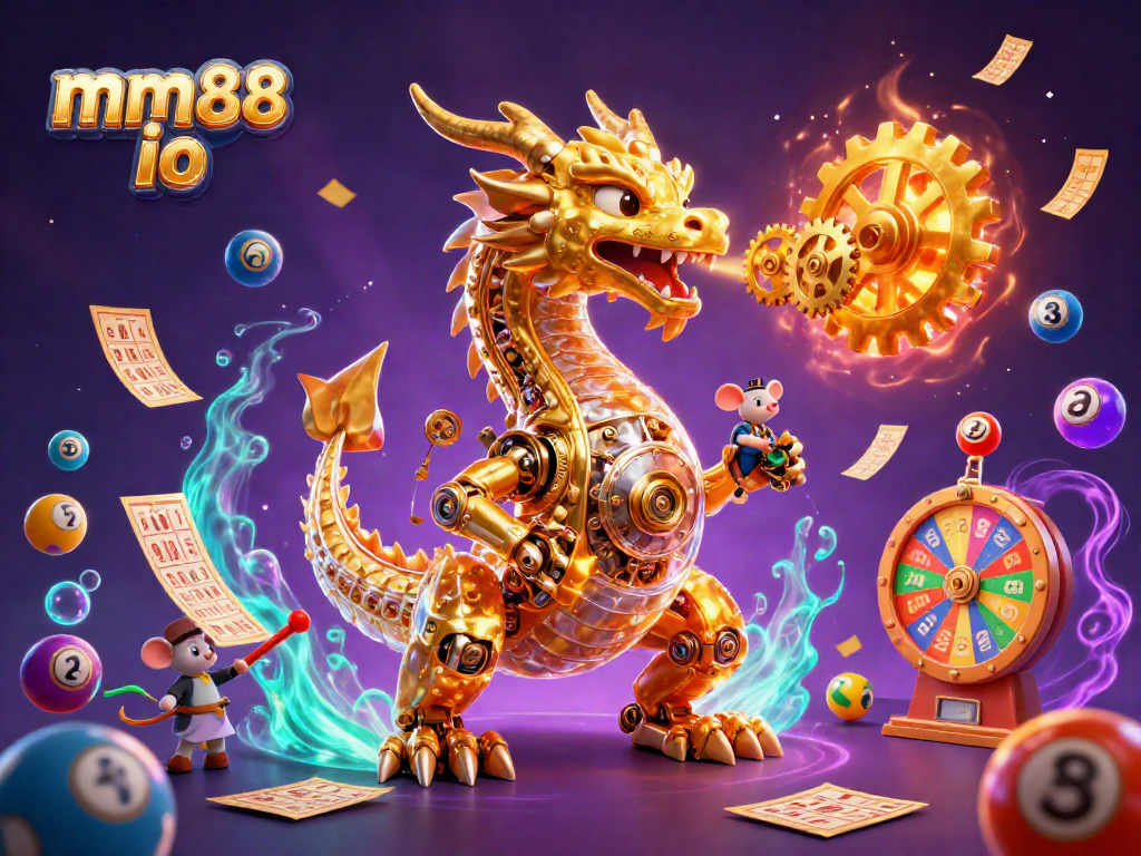 Experience the thrill of mm88 io as a golden dragon breathes gears among vibrant lottery elements.