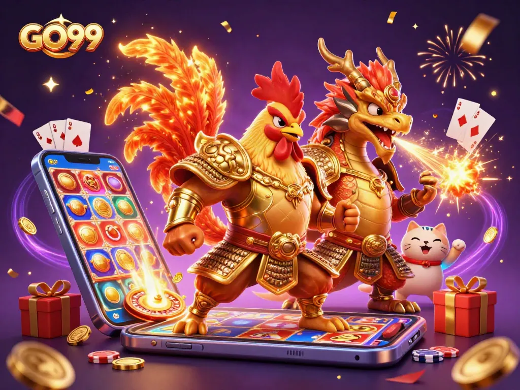 GO99 features a dynamic gaming scene with a warrior rooster, a dragon hatchling, and casino elements.