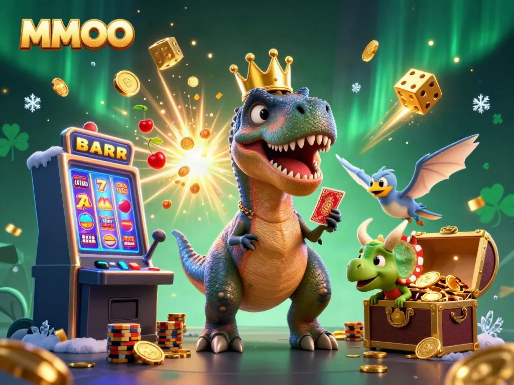 MMOO casino scene featuring T-Rex and friends playing slots with jackpots and colorful games.