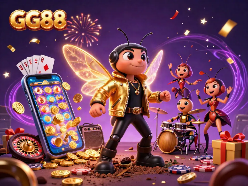 GG88 engages players with vibrant 3D illustration of a casino-themed rock star scene celebrating wins.