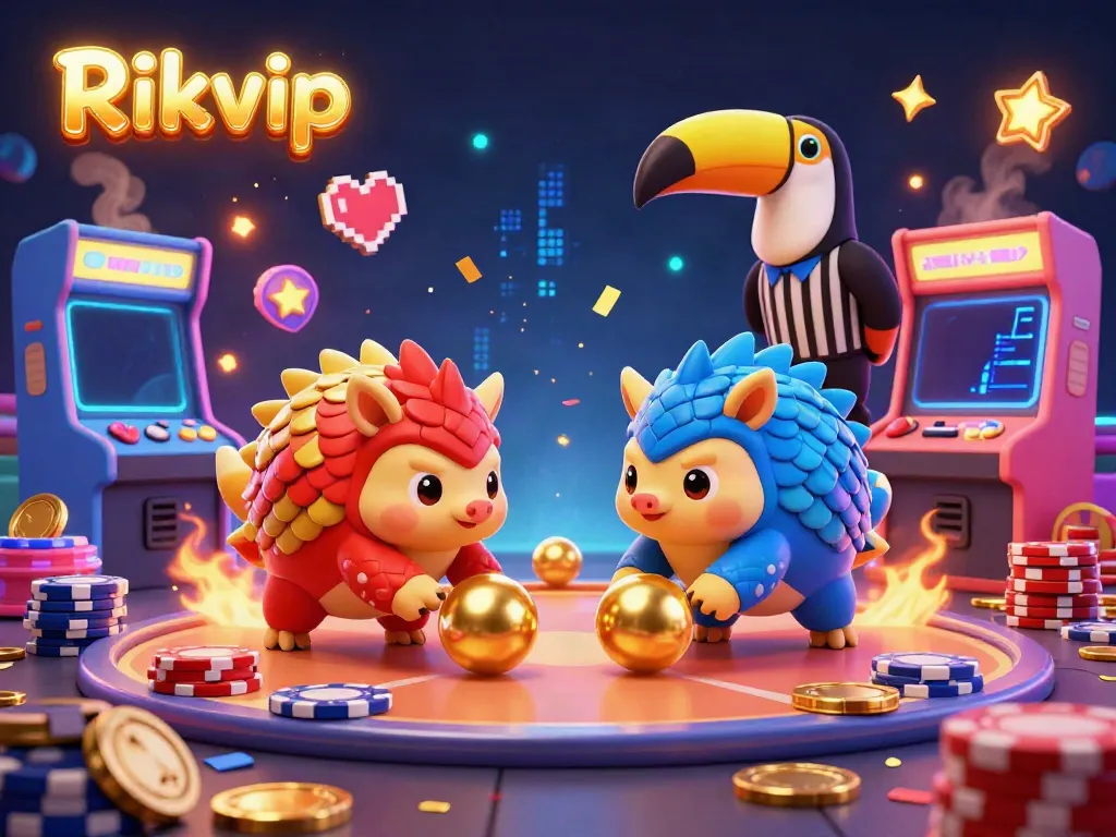 Engaging action at Rikvip as rival pangolins bowl through poker chips surrounded by arcade machines.