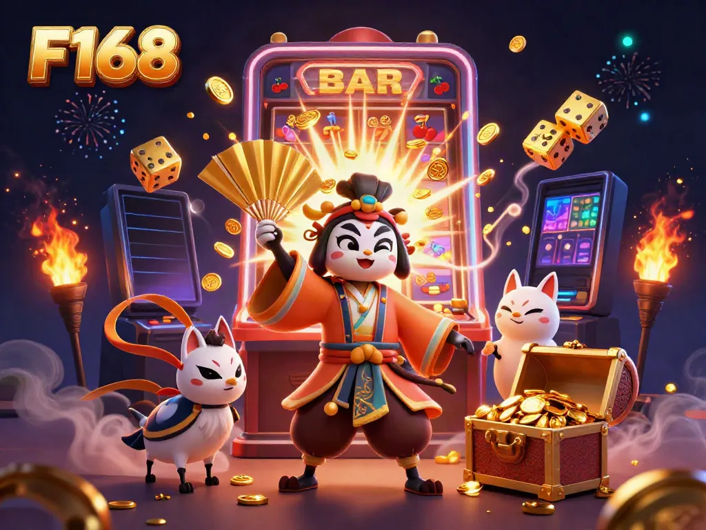 Immerse yourself in F168's vibrant casino world, featuring a kabuki warrior and a jackpot explosion