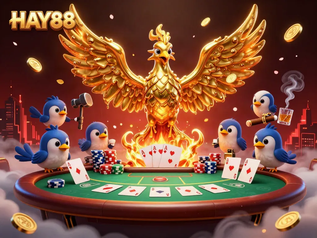 Experience the thrill of winning at HAY88 with a vibrant casino scene featuring a molten phoenix and poker elements.