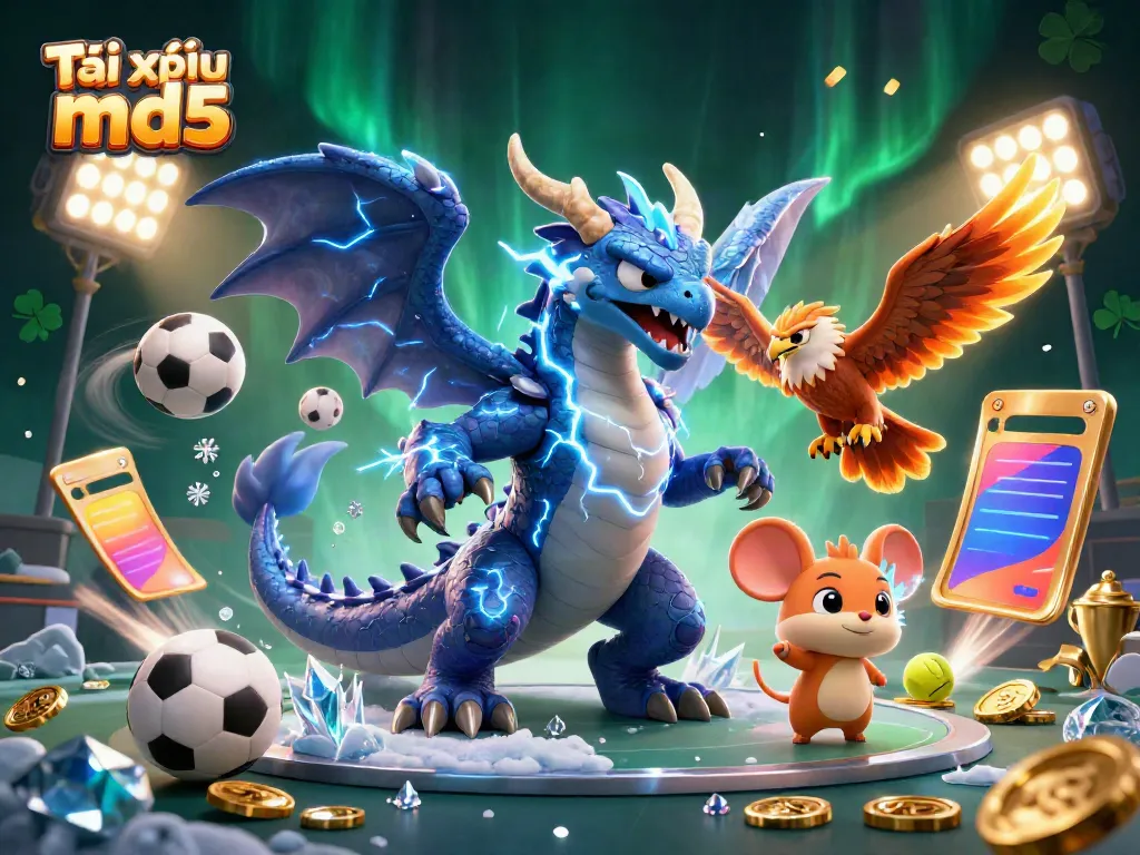 Tài xỉu md5 illustration showcasing an electric dragon, fierce hawk, and thunder mouse in a dynamic scene of sports betting action.