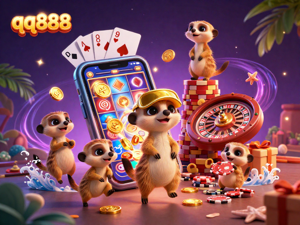 Experience thrilling gaming at qq888 with meerkats managing a colorful casino.